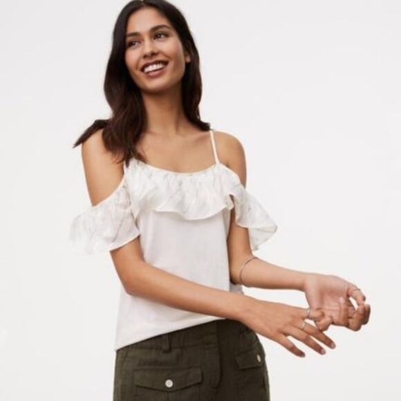 LOFT Tops - LOFT | NWT Cream & Metallic Gold Stripe Ruffle Accent Cold Shoulder Knit Shirt